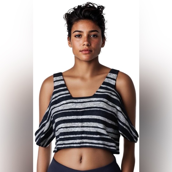 MORGAN CARPER Anthropologie Boucle Knit Stripe Open Cold Shoulder Top - Picture 1 of 12